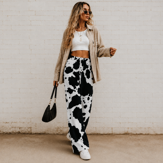 Cow Print Wide-Leg Statement Pants