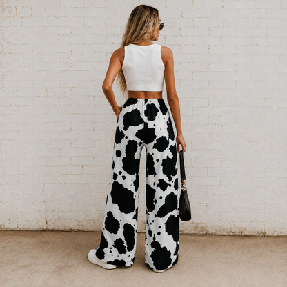 Cow Print Wide-Leg Statement Pants