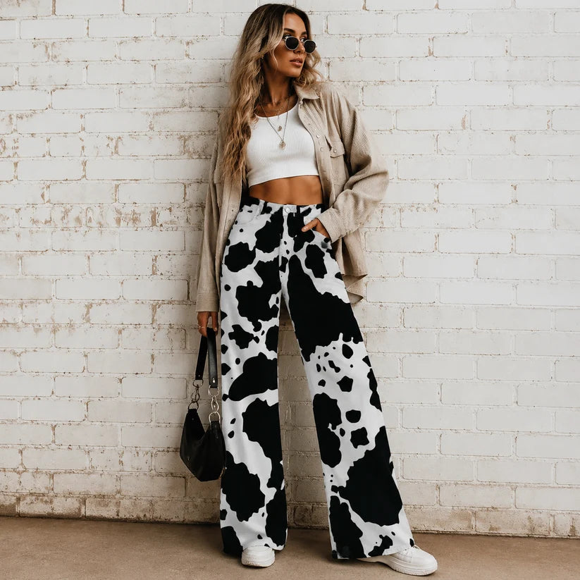 Cow Print Wide-Leg Statement Pants